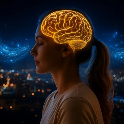 Brain training visualization with neural networks and energy representing mind enhancement